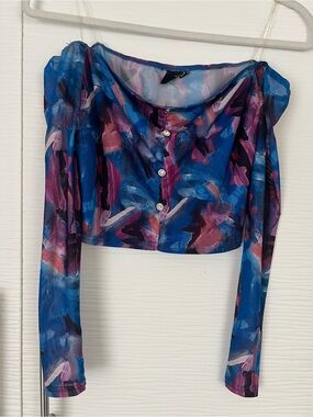Windsor Blue & Pink Abstract Sheer Off-Shoulder Crop Top